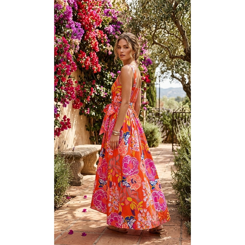Sugarlips Womens Maxi Dress Orange Floral Smocked Back Tie Waist Sleeveless XS